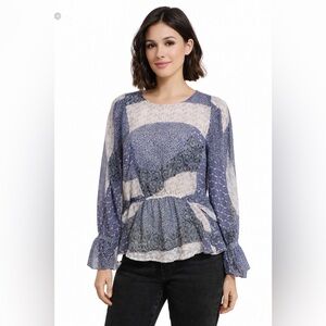 BB Dakota Patchwork Peplum Blouse Medium Boho Cottagecore Sheer Sleeve Ruffle